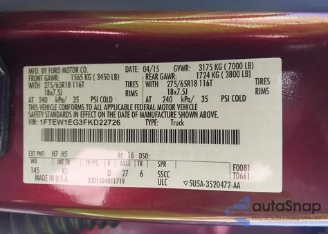 2015 Ford F-150 King Ranch из США, поврежденный, VIN 1FTEW1EG3FKD22726